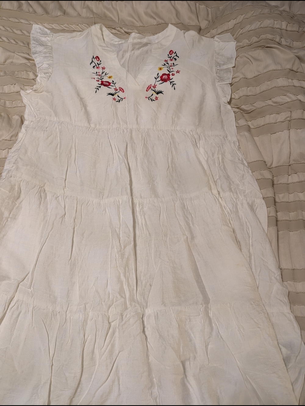 SHEIN White Tiered Dress with Floral Embroidery